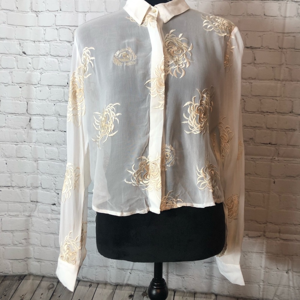 Zara shear white gold floral embroidered top
